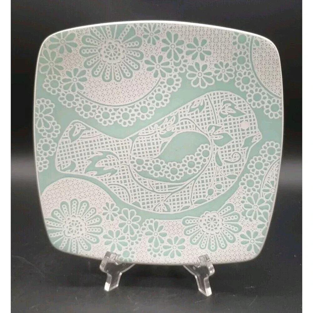 Roscher Canary Plate Embossed Bird Boho Teal Floral Square